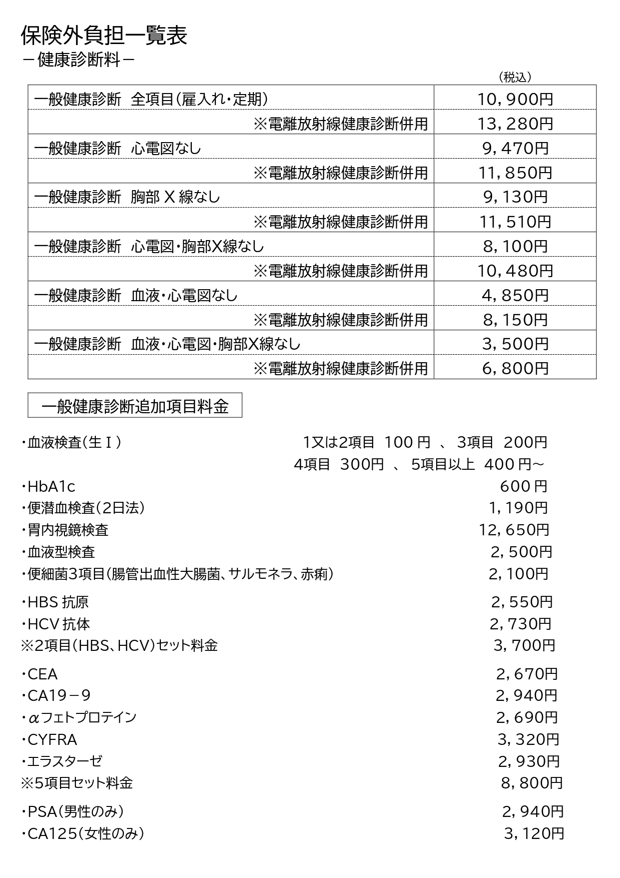 保険外負担一覧表(健康診断1)